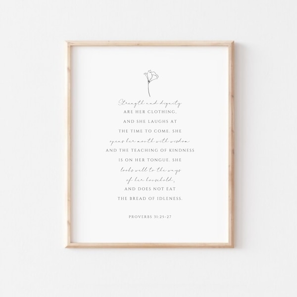 Proverbs 31:25-27 She is clothed with strength and dignity, modern minimalist scripture bible verse wall art, christian mother's day gift