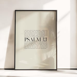 May include: Black and white framed print with a white background and black text. The text is a bible verse from Psalm 121. The text reads: "I lift up my eyes to the mountains - where does my help come from? My help comes from the Lord, the maker of heaven and earth. He will not let your foot slip - he who watches over you will not slumber, indeed, he who watches over Israel will neither slumber nor sleep. Psalm 121 The Lord watches over you - the Lord is your shade at your right hand. The sun will not harm you by day, nor the moon by night. The Lord will keep you from all harm - he will watch over your life: The Lord will watch over your coming and going both now and forevermore."