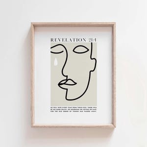 Revelation 21:4 Wall Art, Christian Grief Scripture Print, Minimalist Line Art, Bible Verse Digital Download, Faith Home Decor