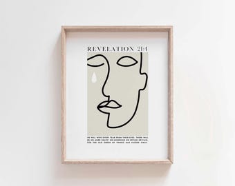 Revelation 21:4 Wall Art, Christian Grief Scripture Print, Minimalist Line Art, Bible Verse Digital Download, Faith Home Decor