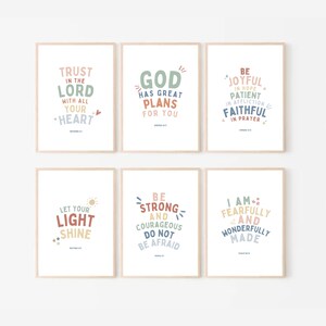 May include: Six printable wall art prints with inspirational quotes and bible verses in a colorful, modern style. The quotes include "Trust in the Lord with all your heart", "God has great plans for you", "Be joyful in hope, patient in affliction, faithful in prayer", "Let your light shine", "Be strong and courageous, do not be afraid", and "I am fearfully and wonderfully made".