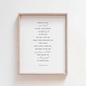 Psalm 51:10-12 Create In Me A Pure Heart Wall Art, Minimalist Christian Scripture Print, Holy Spirit Bible Verse Digital Download