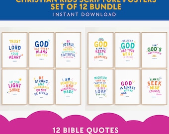 Láminas de versículos bíblicos para niños: Decoración cristiana divertida para la habitación de tu bebé (juego de 12) (descarga digital)