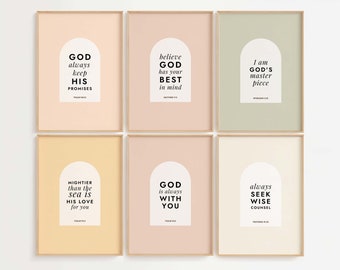 May include: Six framed prints with a light peach, light green, light yellow, and light pink background. Each print features a white arch with black text inside. The text includes bible verses and inspirational quotes. The text reads: "GOD always keep HIS PROMISES", "believe GOD has your BEST in mind", "I am GOD'S master piece", "MIGHTIER than the sea is HIS LOVE for you", "GOD is always WITH YOU", and "always SEEK WISE COUNSEL".