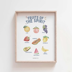 Ilustração em aquarela dos Frutos do Espírito para quarto infantil, Gálatas 5:22-23 (Download digital)