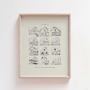 May include: A black and white illustration of a house being built in stages. The text "Proverbs 14:1" and "The wise woman builds her house." are included in the image.