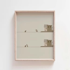 May include: A framed illustration of two scenes with a brown background. The top scene shows a person walking away from a small building. The bottom scene shows a person kneeling in front of a small building.