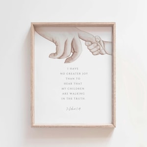 Arte mural cristiano de 3 Juan 1:4, impresión de versículo bíblico "No hay mayor alegría", póster de acuarela para padres e hijos, regalo bíblico para madre y padre.