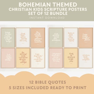 Set of 12 Bohemian themed Kids Bible Verse Digital Prints, Christian Nursery Decor, Christian Kids Wall Art, Scripture Art for Children