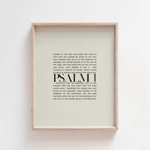 Arte mural del Salmo 1, Bendito sea el Único, Impresión bíblica minimalista moderna, Versículo bíblico, Decoración cristiana para el hogar