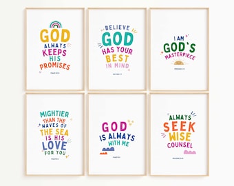 Set of 6 Whimsical Kids Bible Verse Digital Prints, Christian Nursery Decor, Christian Kids Wall Art, Sunday School Scripture Decor