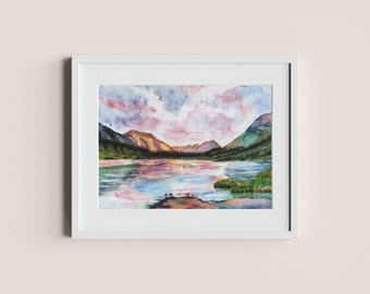 Landscape water colour painting, Pink and Blue wall decor, Lake painting, Mountains painting, Landscape artwork,  Abstract, A4 art print.