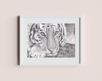 Dessin réaliste de tigre, Œuvre d’art de tigre, Cadeaux de tigre, Dessin au crayon graphite, Impressions d’art A4 / A3, Art de la faune, Art de la nature, Décoration murale