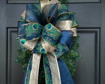 Peacock Tree Topper, Extra Large Peacock Bow, Wired Ribbon, Large Wreath, Banister or Lamppost Bow, Long Streamers, Six 36 inch Streamers
