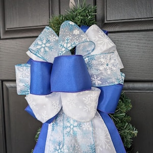 Blue and White Wreath Bow, Blue Snowflake Wreath Bow