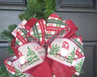 Ready to Ship ~ Gnome Christmas Bow, Gnome Ribbon, and Red Plaid Ribbon Christmas Wreath Bow,  Christmas Gnomes