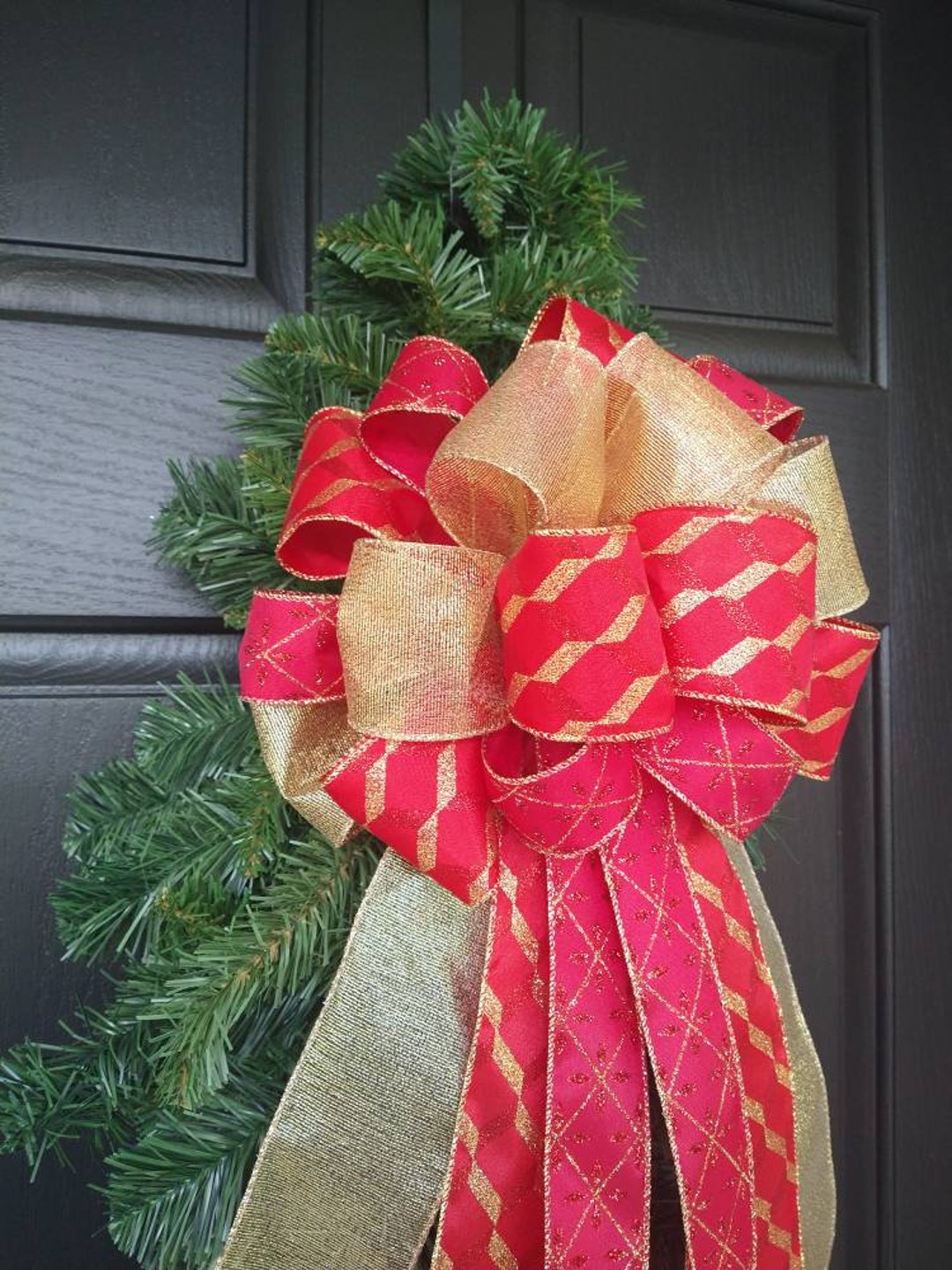 Classic Red and Gold Christmas Ribbons With Wire Tied Into A Etsy