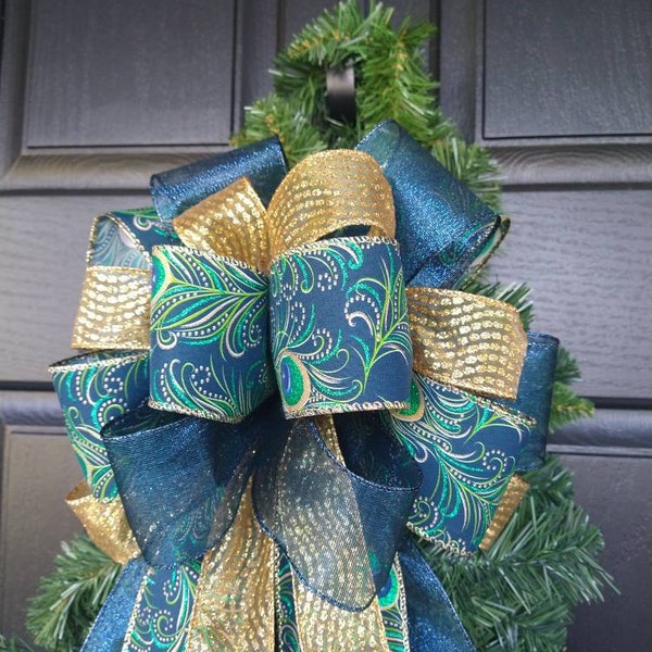 Peacock Bow, Wired Ribbon, Wreath, Mantel, Lantern Bow, Ready to Ship