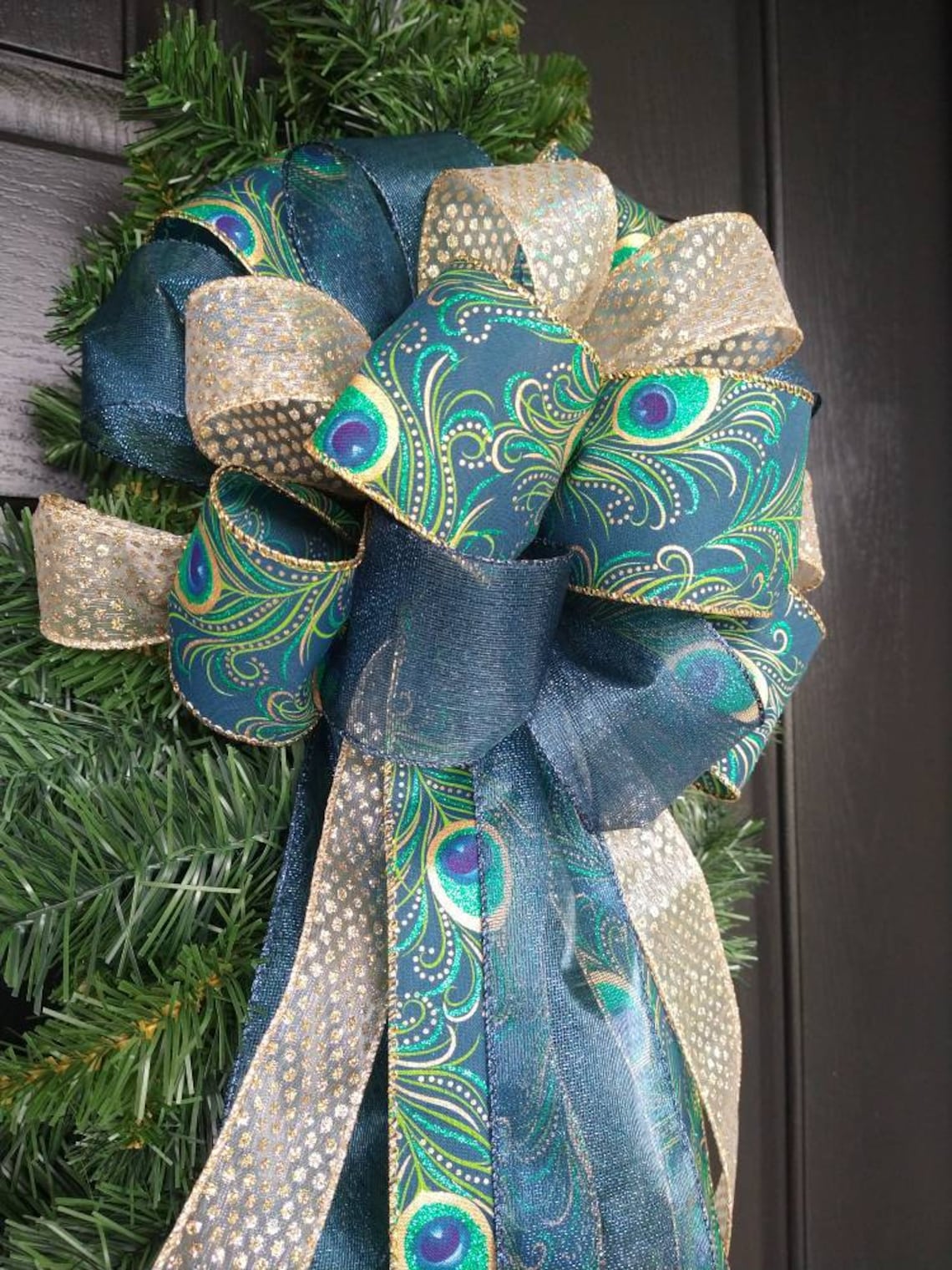 Peacock Bow Wired Ribbon Wreath Mantel Lantern Bow Ready Etsy