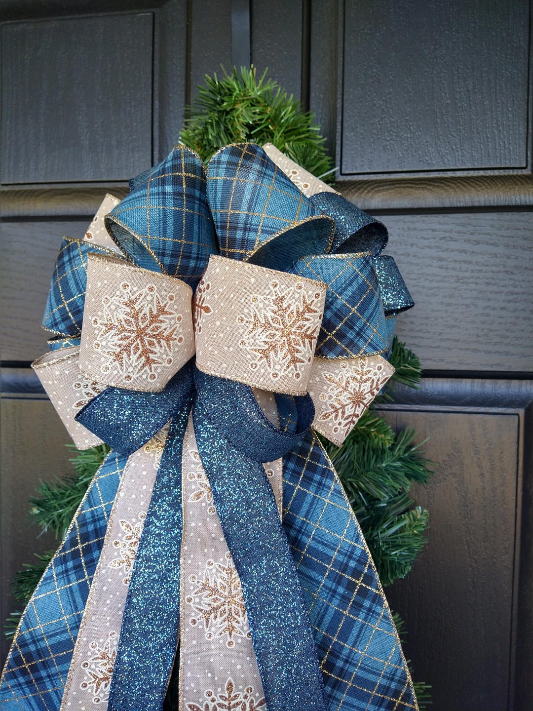 Winter Blue Bow, Snowflake Burlap Ribbon and Navy Wired Ribbons, Wreath ...