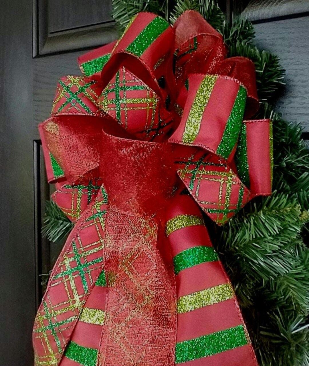 Bright Red and Green Christmas Bow, Cheerful Wreath Bow, Garland Bow ...
