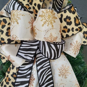 Zebra and Leopard Ribbons with choice of Cross, Gold Tree Bark, or Snowflakes ~ Choices available in Pictures.  Wreath Bow ~ Long Streamers