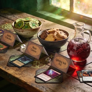 May include: Two ceramic bowls filled with round cookies, one containing green-dusted treats and the other brown cookies. A glass pitcher holds red liquid. Three paper signs labeled Goblin Crunchies, Mana Cookies, and Lightning Bolt Fizz sit nearby.