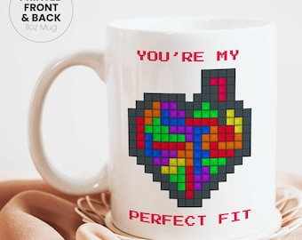 Taza de Tetris con forma de corazón, regalo retro para gamers, taza de café con arte pixelado