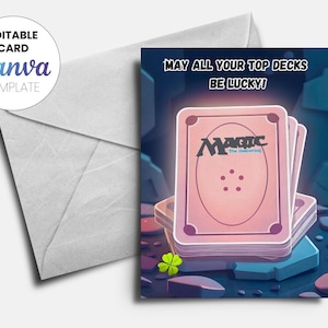 Magic The Gathering-verjaardagskaart, bewerkbare canva-sjabloon, aanpasbare MTG-begroeting, digitale download, may all your top decks be lucky
