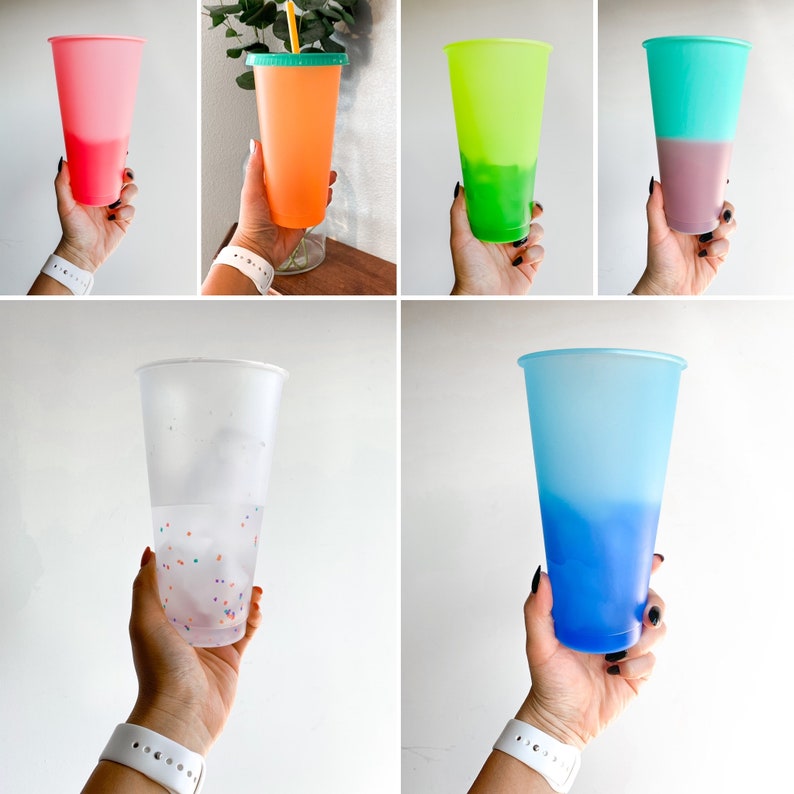 May include: A set of six ombre plastic cups with different color combinations. The cups are all the same size and shape, and they are all made of clear plastic. The cups are perfect for serving drinks at parties or events.