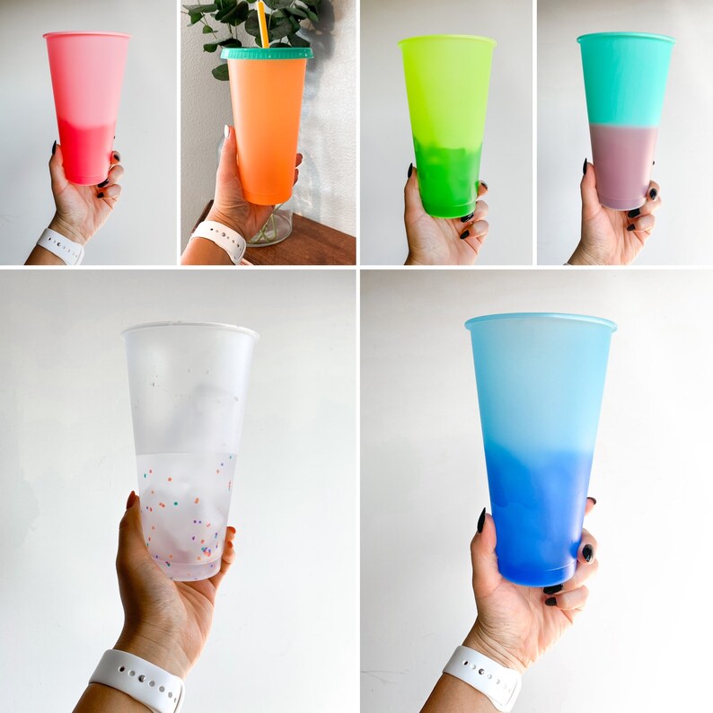 May include: A set of six ombre plastic cups with different colour combinations. The cups are all the same size and shape, and they are all made of clear plastic. The cups are perfect for serving drinks at parties or events.