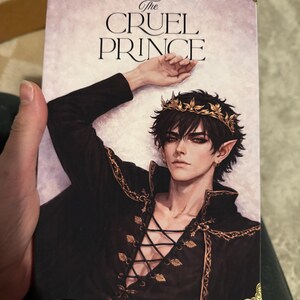 Op de afbeelding: De boekomslag van "The Cruel Prince" toont een mannelijk personage met donker haar, puntige oren en een gouden kroon. Hij draagt een zwarte outfit met gouden details en een veter aan de voorkant. De achtergrond is roze.