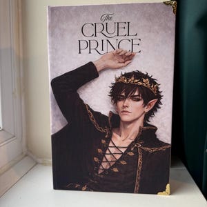 Op de afbeelding: Een hardcover boek getiteld "The Cruel Prince" met een fantasie-illustratie. De cover toont een mannelijke figuur in een zwarte outfit met gouden accenten en een kroon. Het boek heeft gouden hoekbeschermers.