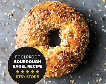 Einfaches Backrezept . Sauerteig Bagels! Herunterladbares Rezept . Kinderleichtes Sauerteig-Rezept für Anfänger. Einfaches Sauerteigbacken. Sauerteig Kochen
