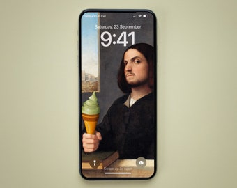 Funny Foodie Phone wallpaper. Dark Academia iPhone background, lock screen, home screen. Whimsical food art. Matcha gelato. Digital download