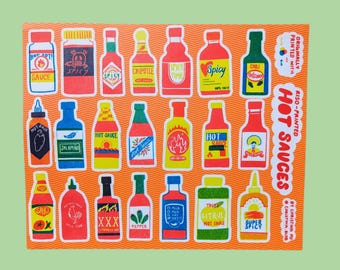 Hot Sauce Risograph Sticker Sheet | 10"x8" Waterproof Vinyl