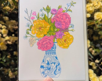 Spring Flowers Art Greeting Card | Risograph Card 4.25"x5.5"