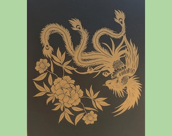 Phoenix and Peony Flowers | 8.5"x11" Risograph print
