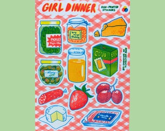 Girl Dinner Risograph Sticker Sheet | 5"x7" Waterproof Vinyl