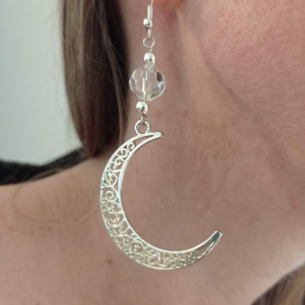 Boucles d'oreilles fantaisie Croissant de lune et perle de verre facettée