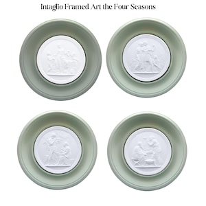 May include: Four framed intaglio art pieces, each with a white relief scene set within a circular, pale green frame. The text "Intaglio Framed Art the Four Seasons" is at the top. The art pieces depict classical figures.