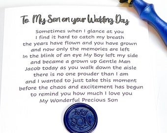 Tarjeta de boda de hijo, tarjeta personalizada del día de la boda de mi hijo, Para mi hijo en el recuerdo del día de su boda de mamá -papá