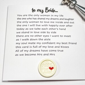 para minha noiva em nosso cartão de dia de casamento, cartão de casamento para noiva da noiva, poema de casamento para minha noiva, Sra. e Sra. vejo vocês no altar