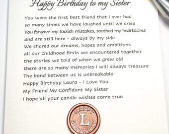 Personalized Sister Birthday Card, Poem Card with Wax Seal