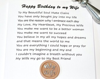 Personalized Wife Birthday Card, Romantic Poem, Wax Seal