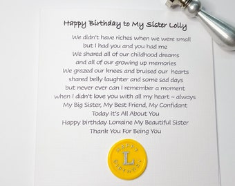 Personalized Sister Birthday Card, Poem Card with Wax Seal