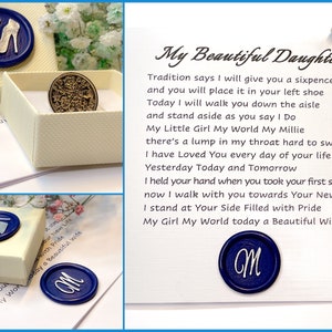 Cartão de dia de casamento de filha, seis pence da sorte para seu sapato, presente personalizado de manhã de casamento para noiva