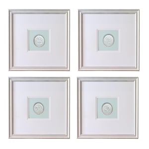 May include: Four framed artworks. Each has a square white mount with a pale blue centre. A circular, raised relief design is centred on the blue. The frames are silver. The art is displayed against a white background.