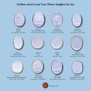 May include: A set of twelve white plaster intaglios with gold-colored trim, each depicting classical figures and scenes. The set includes options with measurements ranging from 1.6 x 1.4 inches to 2.2 x 1.7 inches. Text on the image reads "Medium sized Grand Tour Plaster Intaglios Set One."