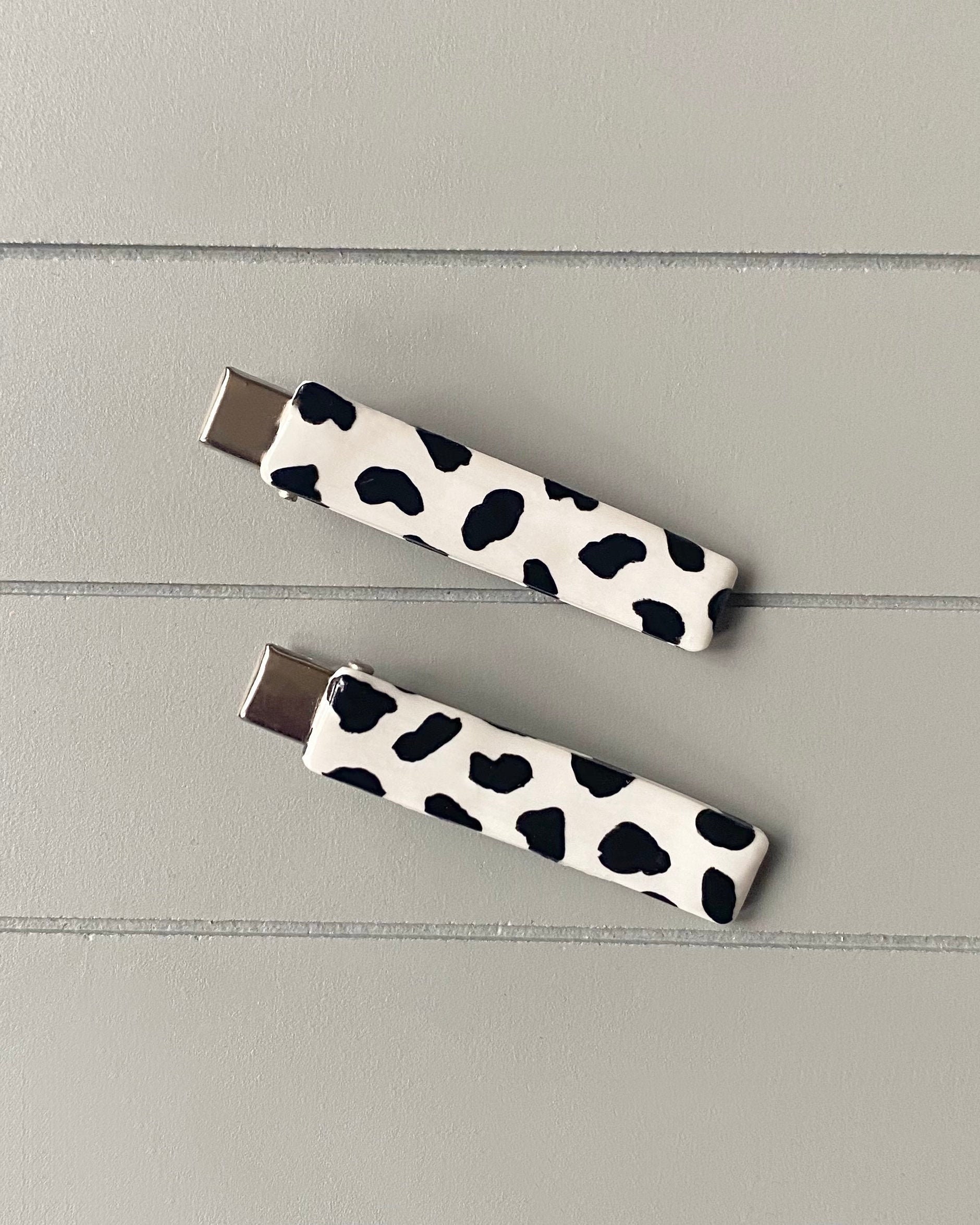 Handpainted Black and White Cow Print Hair Clips / Handmade Etsy